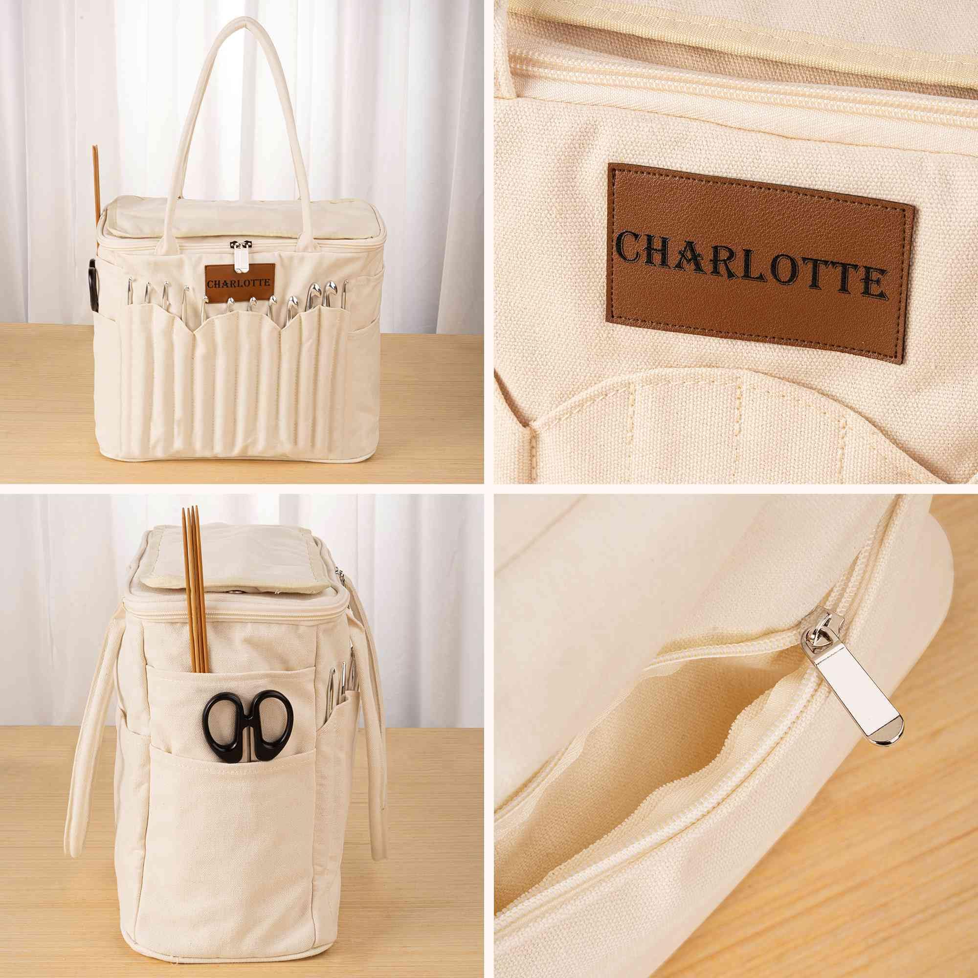 Bolsa de almacenamiento personalizada para tejer para mujer, bolsa de hilo de lona grande, organizador de ganchillo, bolsa de viaje portátil con bolsillos para agujas, estuche de ganchillo, regalo de
