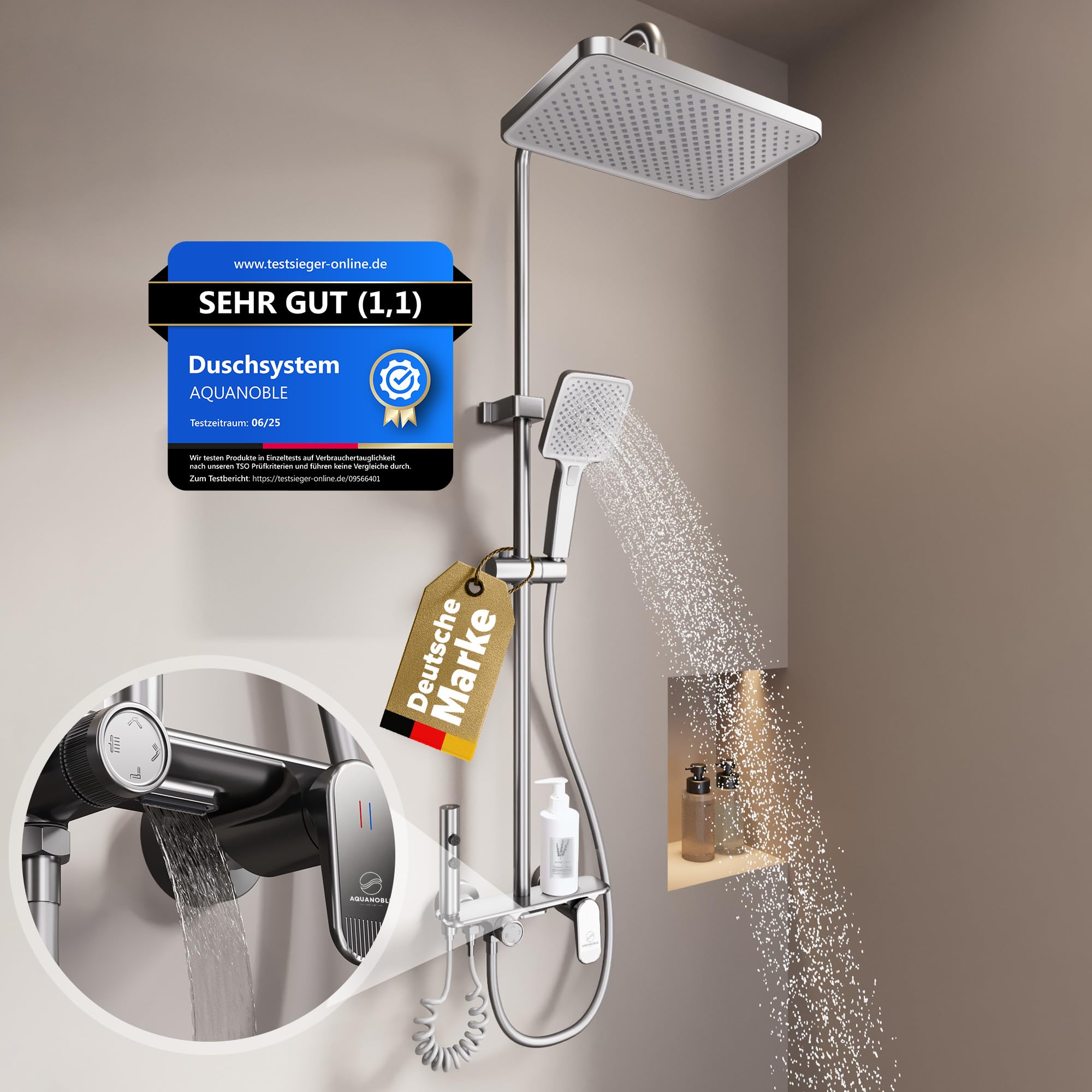 AquaNoble Aufputz Duschsystem mit Thermostat & Ablage – Duscharmatur Komplettset mit Regendusche, 3-Funktionen Handbrause, Wanneneinlauf/Wasserfall & Reinigungspistole, EasyClean Anti-Kalk, chrom