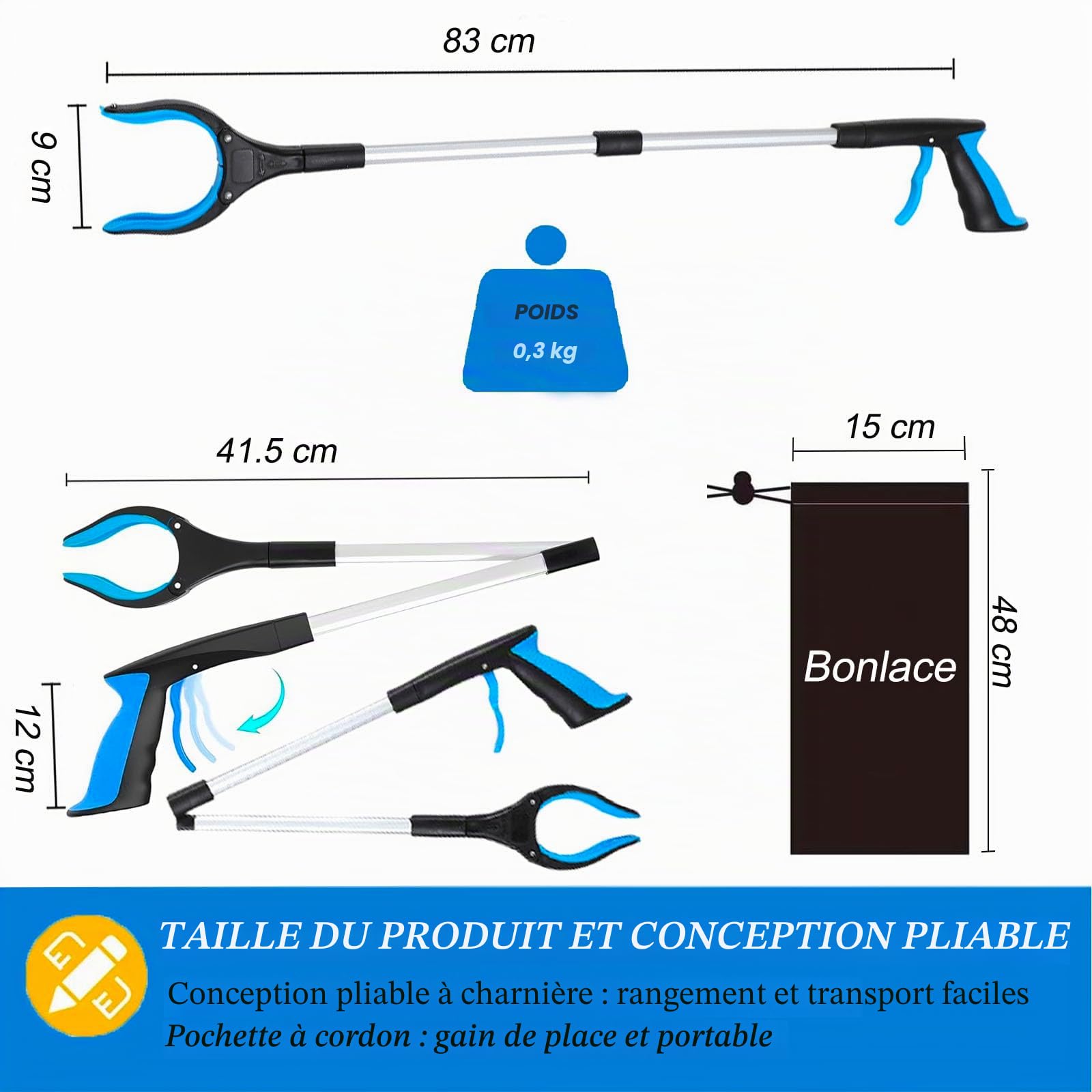 Pince Ramasse Objet 83cm Lot de 2, Pince Telescopique Pince pour Ramasser avec Embouts Magnétiques 12 cm Large 360°Tête Rotative Sac de Rangement, pour Jardin Personne âgée Enfants Intérieur