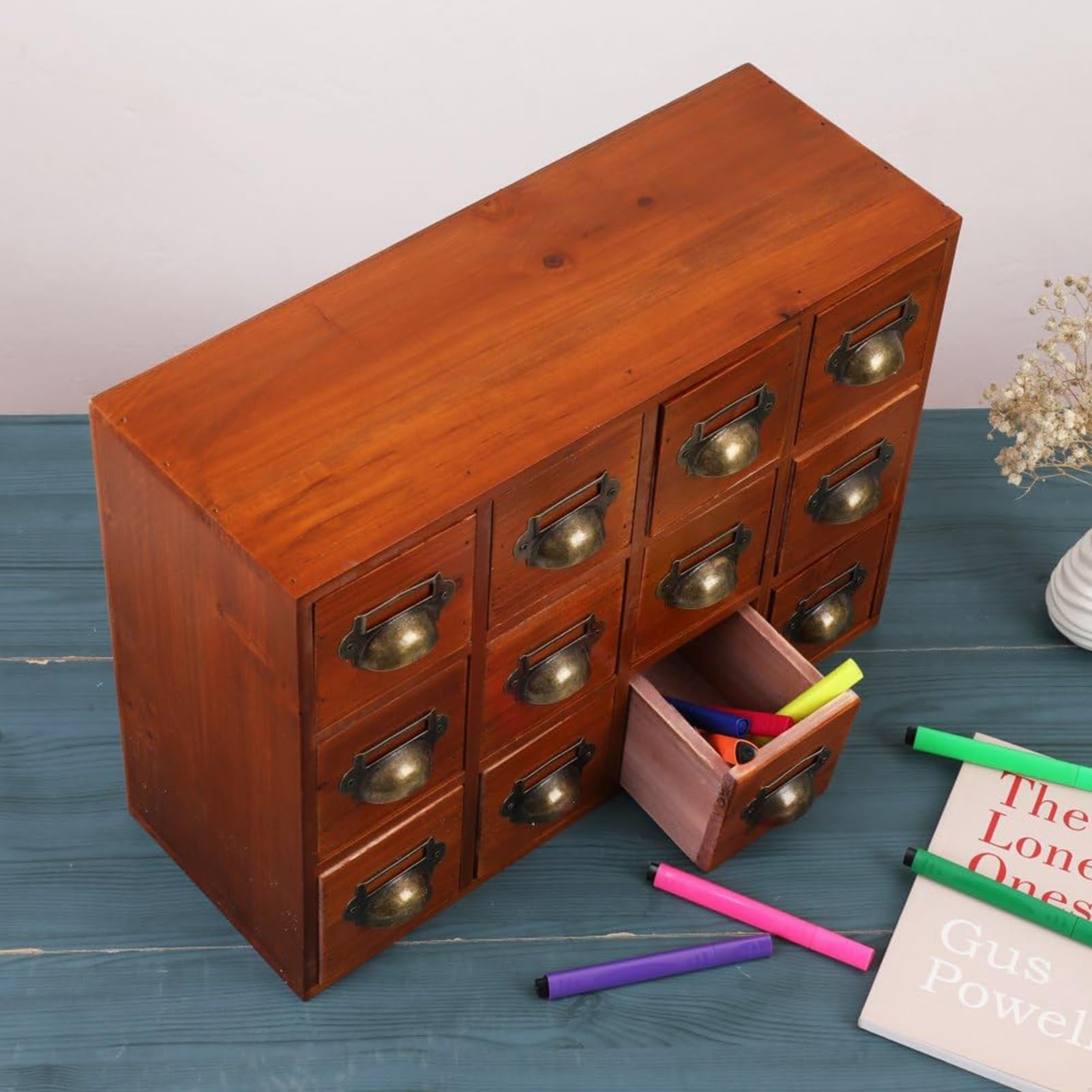 Organizador Escritorio Caja De Almacenamiento De Madera, Gabinete De Catálogo De Tarjetas Con Cajones De Boticario Y 14 Cajones, Caja De Almacenamiento De Madera Para Catálogo De Tarjetas(Brown12)