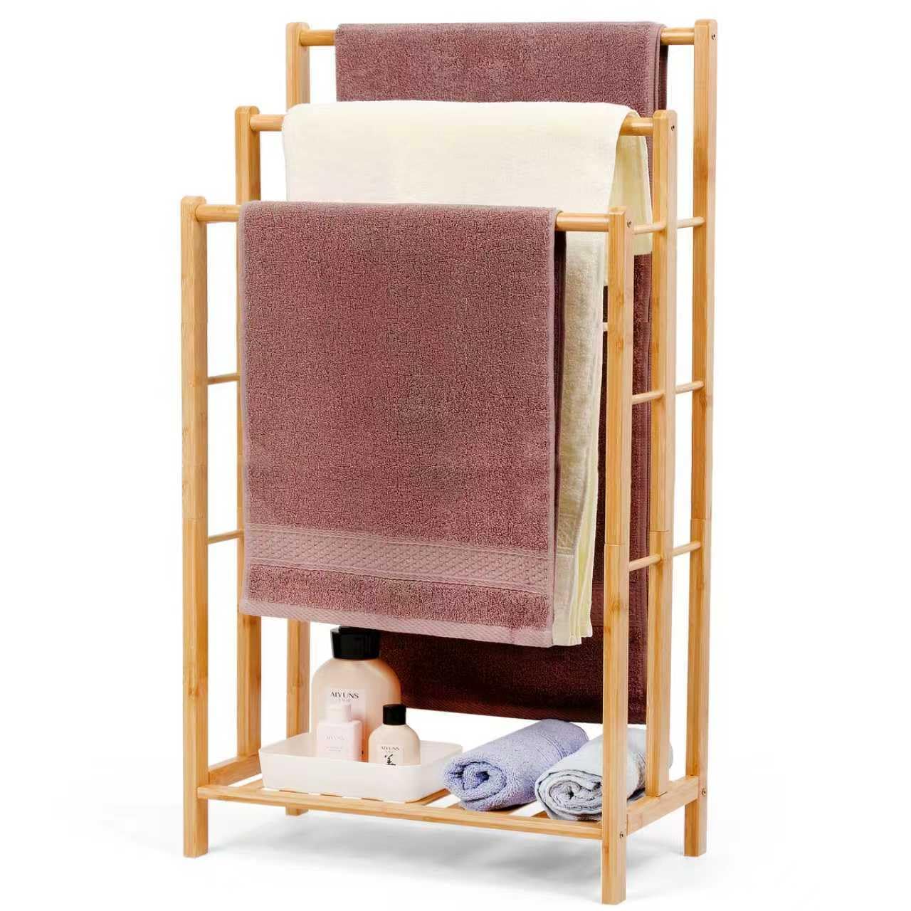 Toallero de bambú con estante, toallero de pie, escalera de pie con 3 barras, baño, salón, ahorra espacio (96 cm de alto)