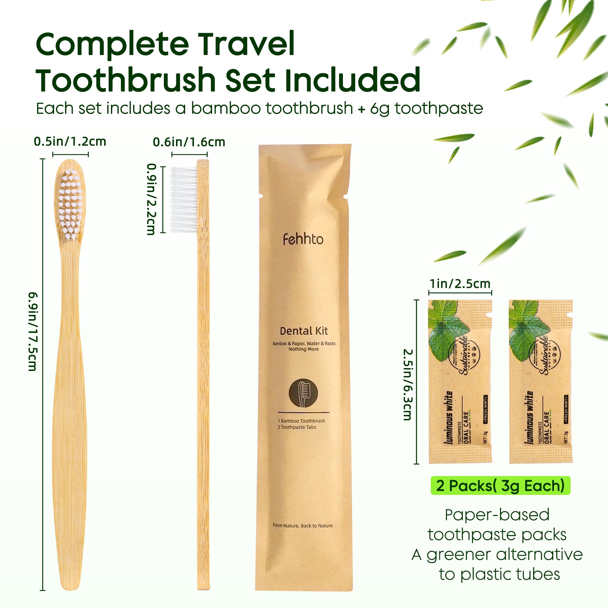 Kit de cepillos de dientes de bambú a granel, paquete de 50 cepillos de dientes desechables de cerdas suaves con pasta de dientes (6 g), kit dental para invitados envuelto individualmente para