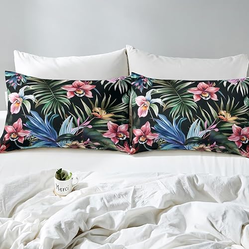Miniatura 5 de Juego de funda de edredón de hojas de palma tropicales con hojas de selva tropicales de tamaño completo, exótica orquídea botánica para plantas de