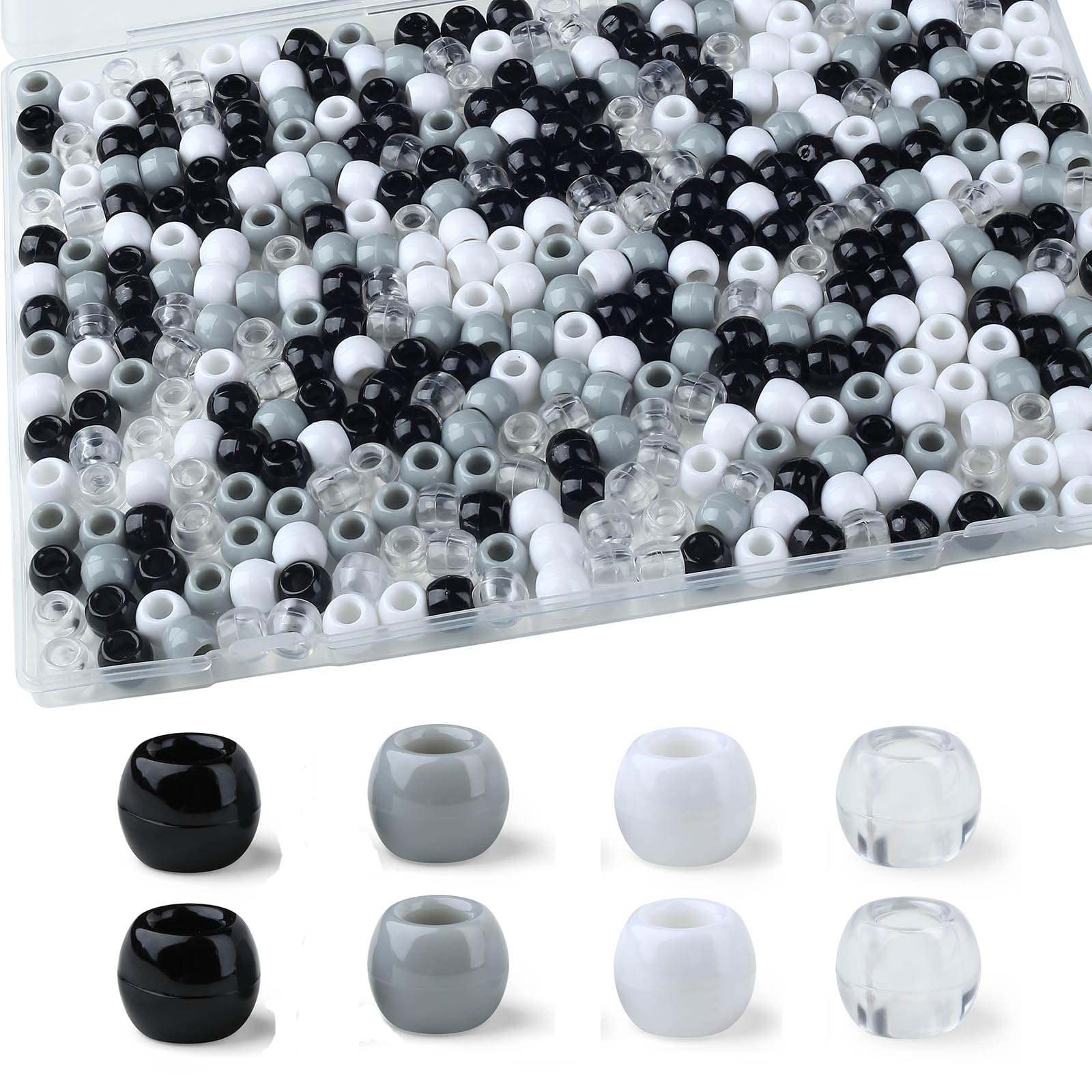 XIANNVXI 12mm 4 Colour Pony Beads with 6mm Large Hole,380 Pcs Black White Grey Clear Plastic Kandi Hair Beads for Braids Crafting DIY Bracelet Necklace Jewelry Making,Storage Box Included