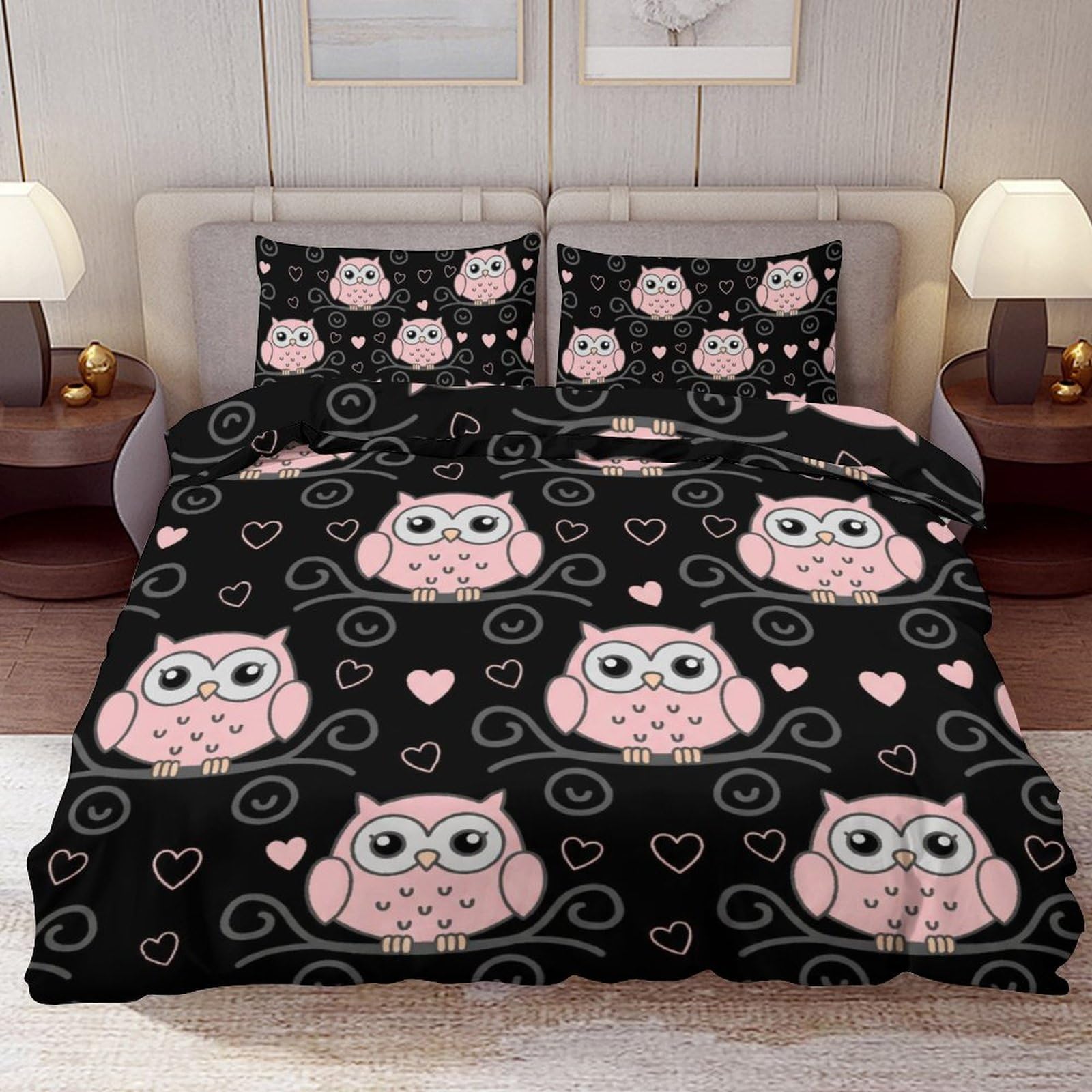 Delerain Comforter Cover Set Queen Size, Cute Cartoon Pink Owl 3-Piece Bedding Set for Women Men Modern Soft Microfiber Bedroom Set Room Decor, 1 Duvet Cover + 2 Pillowcases