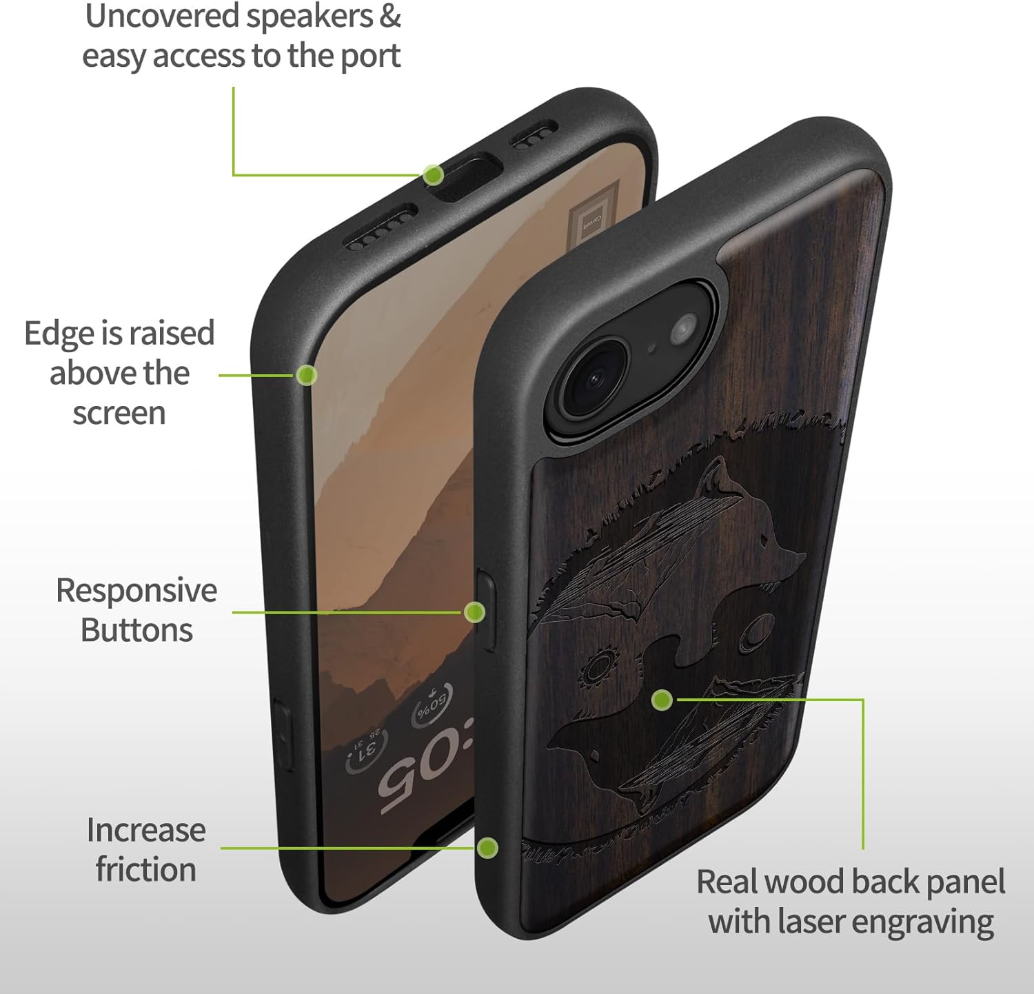 Carveit Magnetic Wooden Case for iPhone 16e / 17e, Solid Wood & TPU, Artisan Engraved Design, Shockproof Cover, Compatible with MagSafe Wireless Chargers, Yin Yang-Wolf - Blackwood