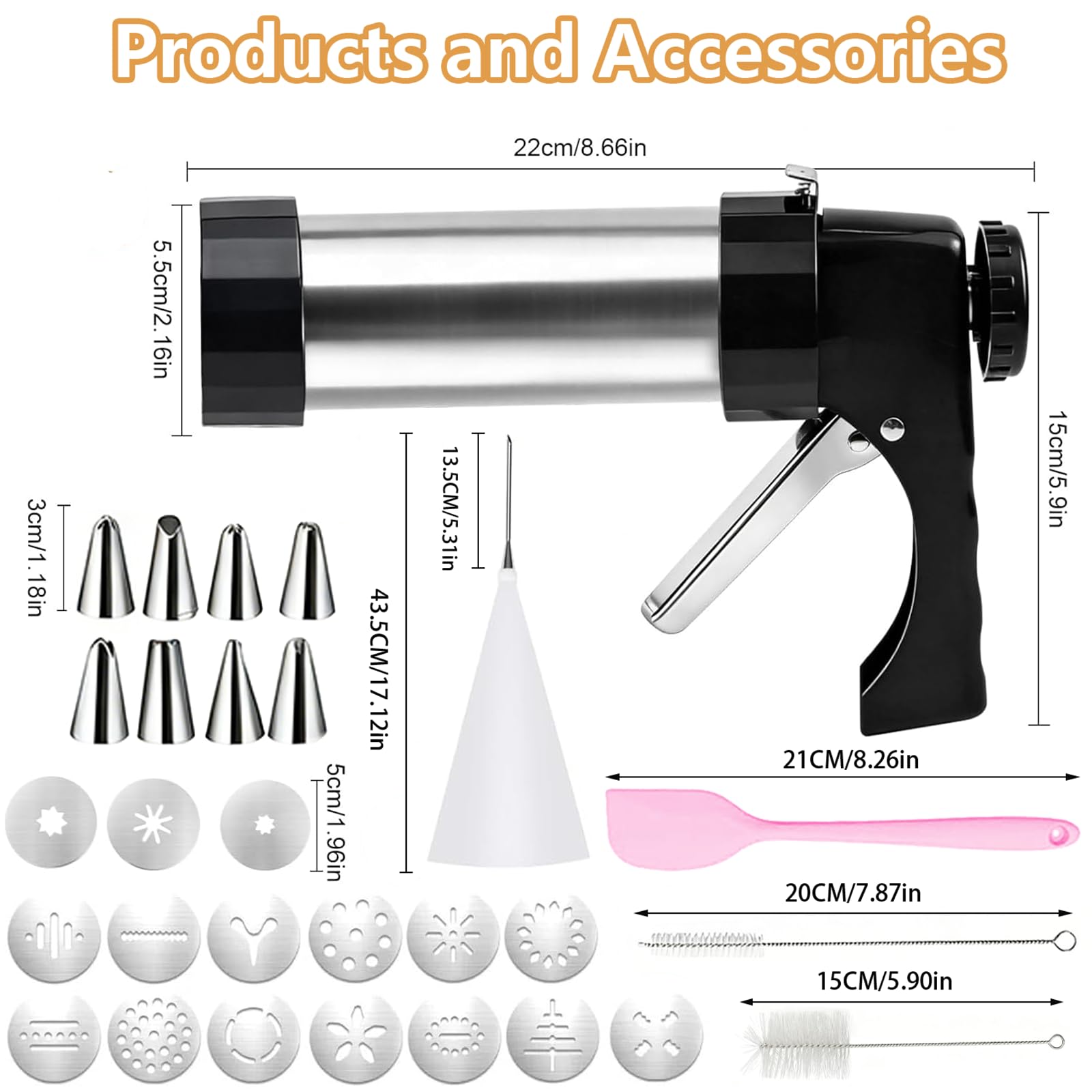 Pressa per Biscotti in Acciaio Inox, Biscotti Professionale Pistola Sparabiscotti con 16 Stencil e 8 Beccucci, Spara Biscotti per Frolla per Realizzare e Decorare Biscotti Fai da Te