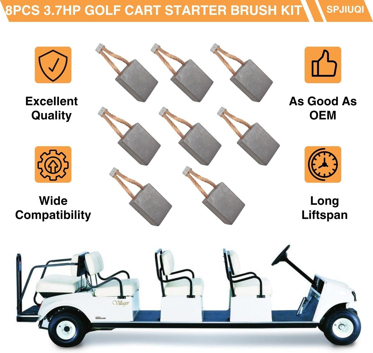 8Pcs 102938601 Golf Cart Starter Brush Kit Motor Brushes Set 3.7HP Fits Club Car DS L6 L8 8-Passenger for Hitachi Style Starter Generators Carbon Brush