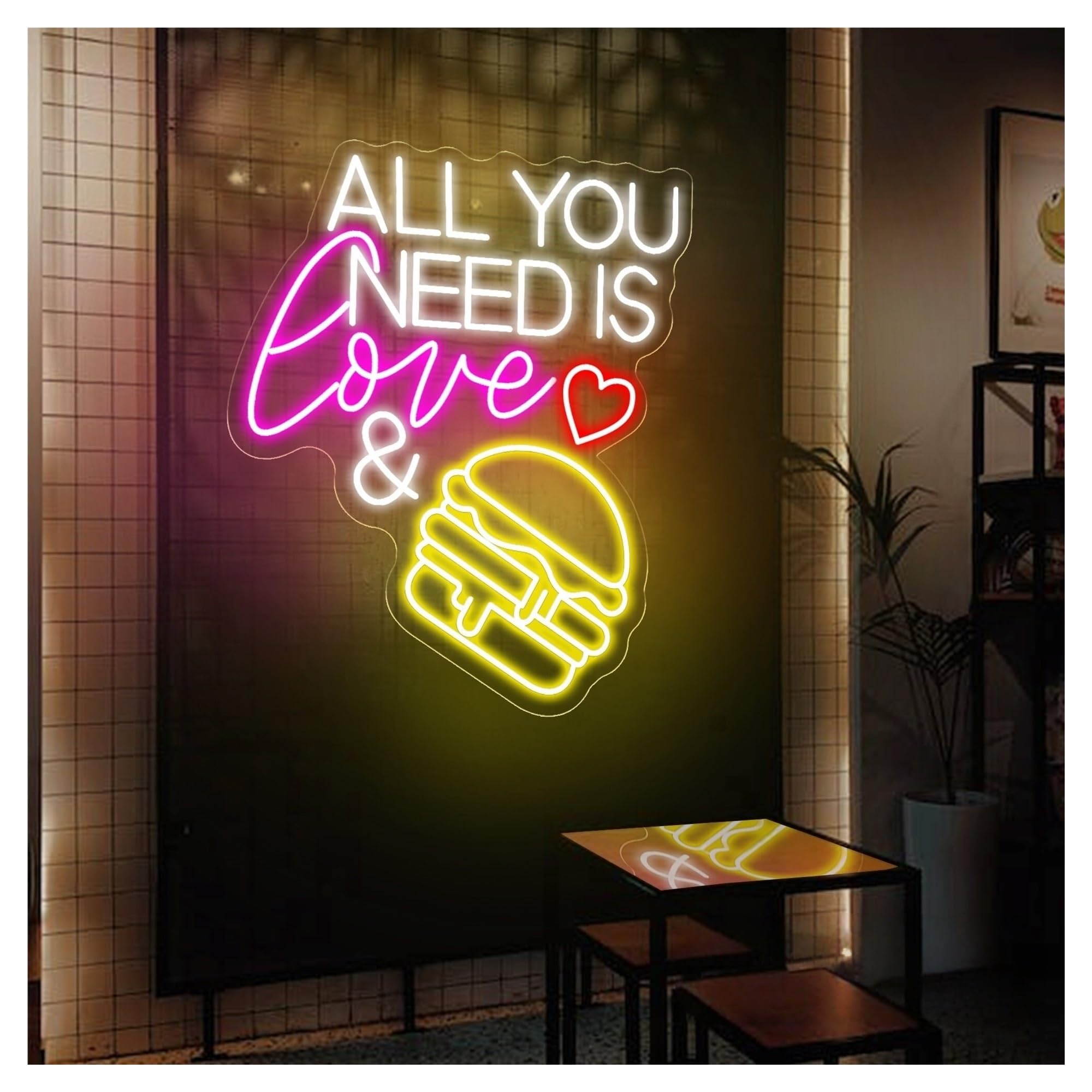 SHOUXI Sign Lamp All You Need is Love Burger Neon Sign Hamburger Lights for Fast Food Restaurant Home Wall Decor 45cmx54cm(A)
