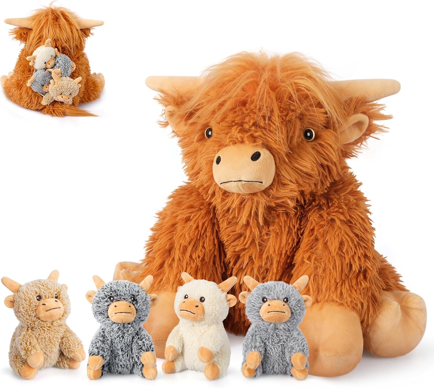 5-in-1 Highland Cow Stuffed Animals with Babies Inside, 5PC Set Highland Cow Plush Mommy & 4 Babies, Soft Pillow Plushies Decor, Cute 3 to 8 Year Old Girl Gifts, Imaginative Play Toy (Cows)