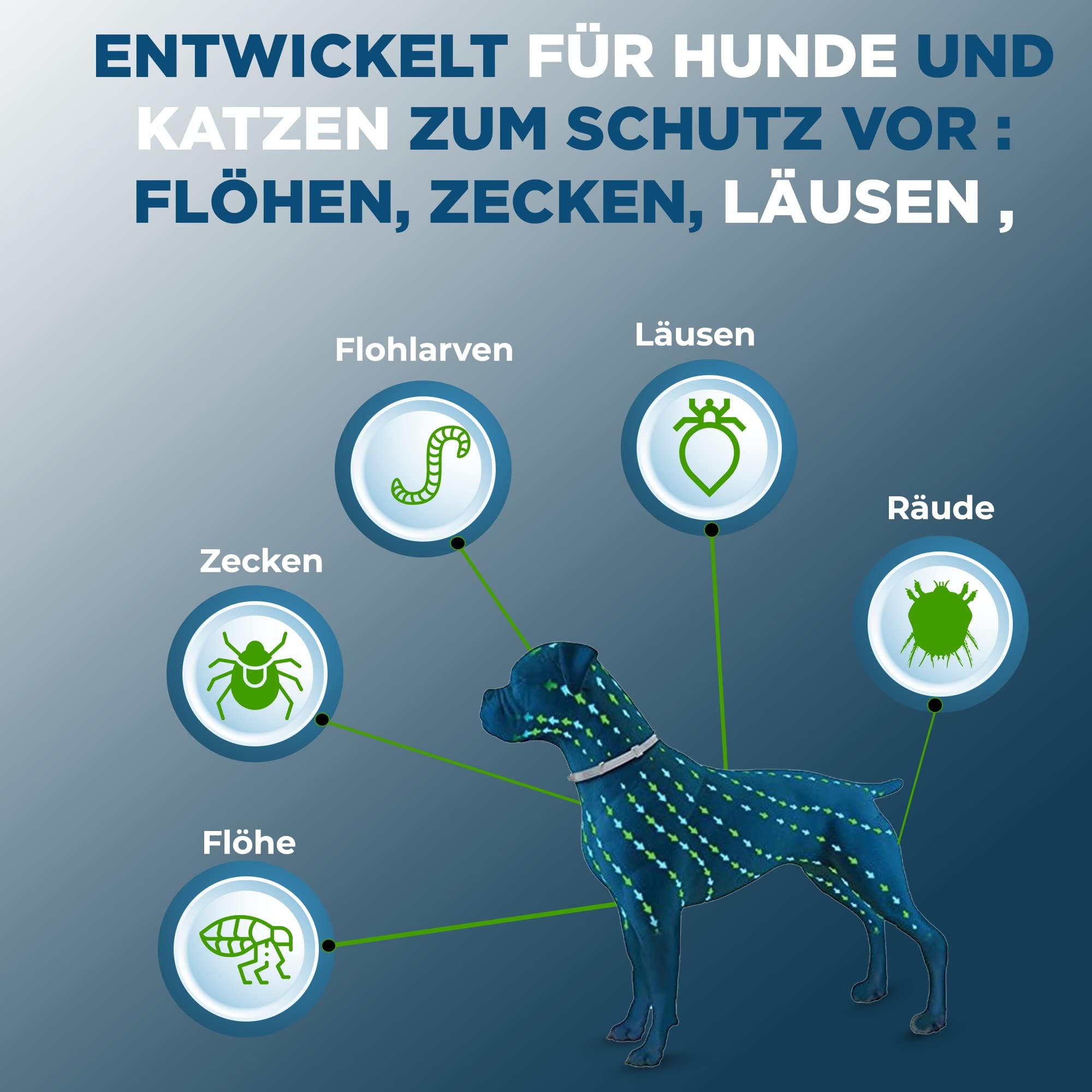 Zeckenhalsband für Hunde und Katzen | Leuchtendes Präventionshalsband gegen Parasiten mit bis zu 8-Monatigen Schutz | Fluoreszierendes Halsband universell auf Jede Größe verstellbar