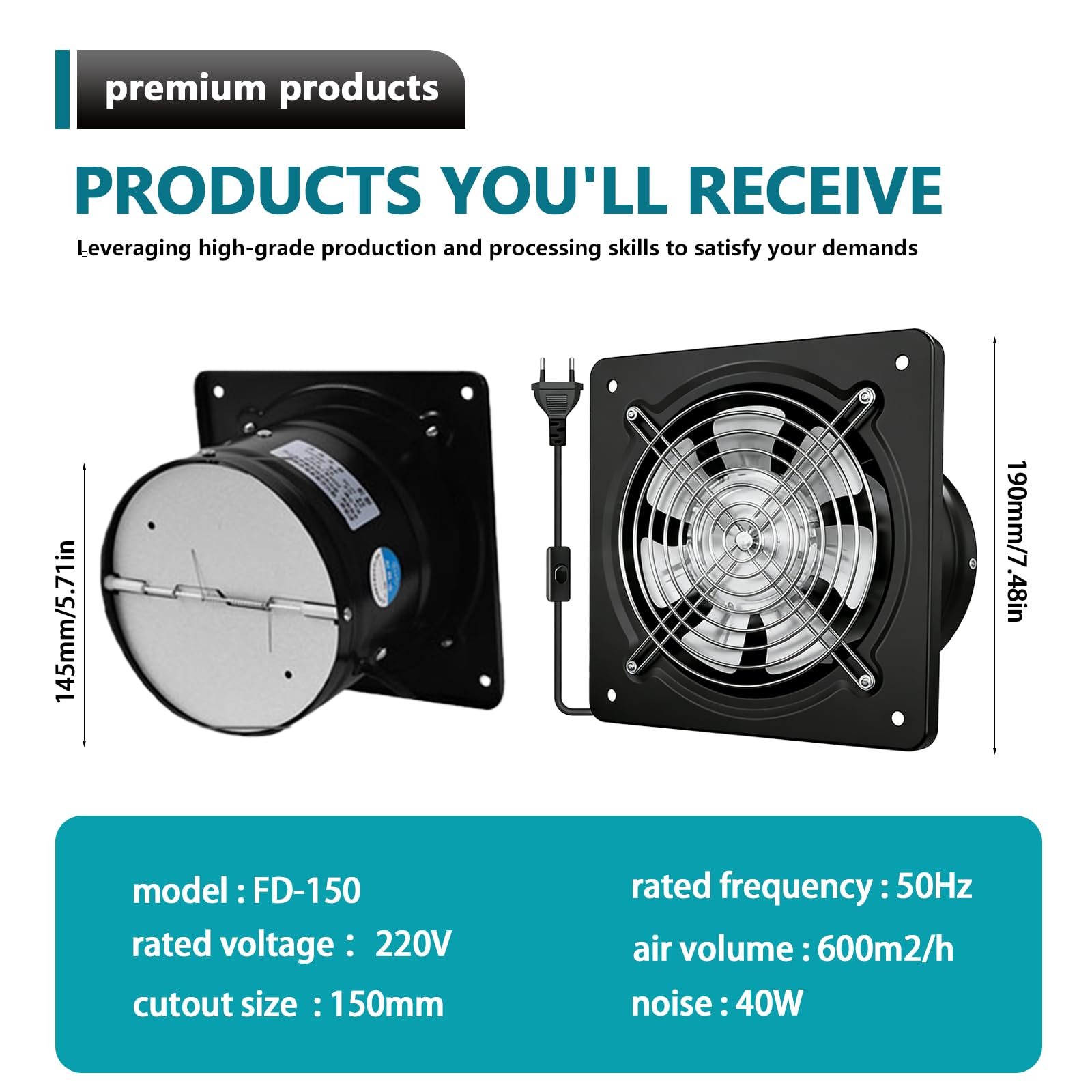 PORFOYO 150 Mm Extracteur D'air Chaud, Ventilateur Extracteur D'air, Ventilateur Mural, 600 M³/H, Valve Anti-Retour, Issant, Silencieux, Et Efficace Pour Cuisine Salle De Bain Garage, Noir