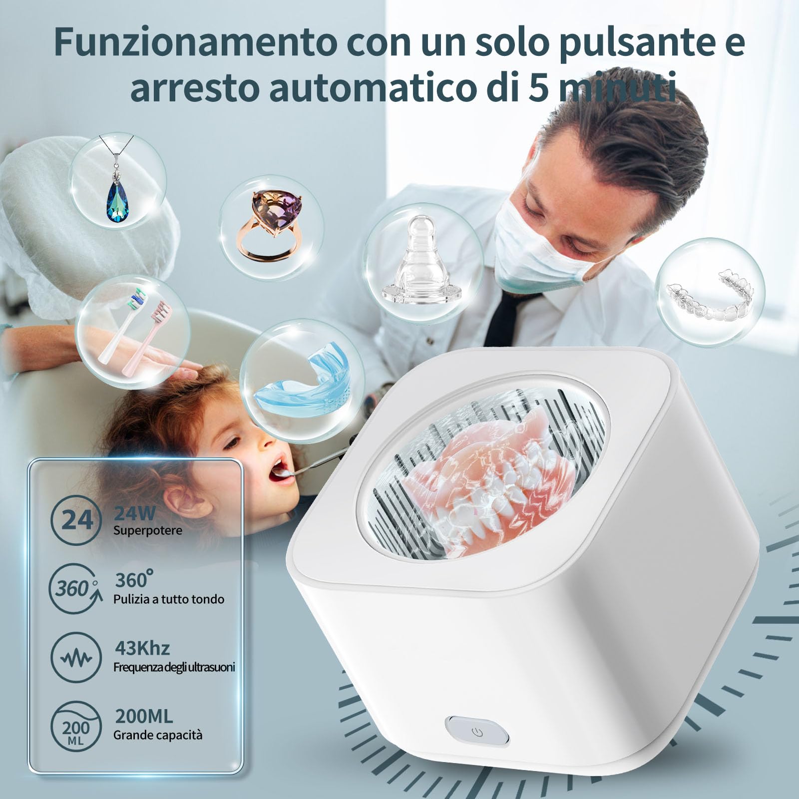Pulitore Ultrasuoni per Bite, 43000Hz Pulitore ad Ultrasuoni per Protesi, Allineatori, Fermi, Vassoi Sbiancanti, Monete, Testine di Spazzolini da Denti, Pulizia Ultrasuoni Efficiente a 360° 200ml