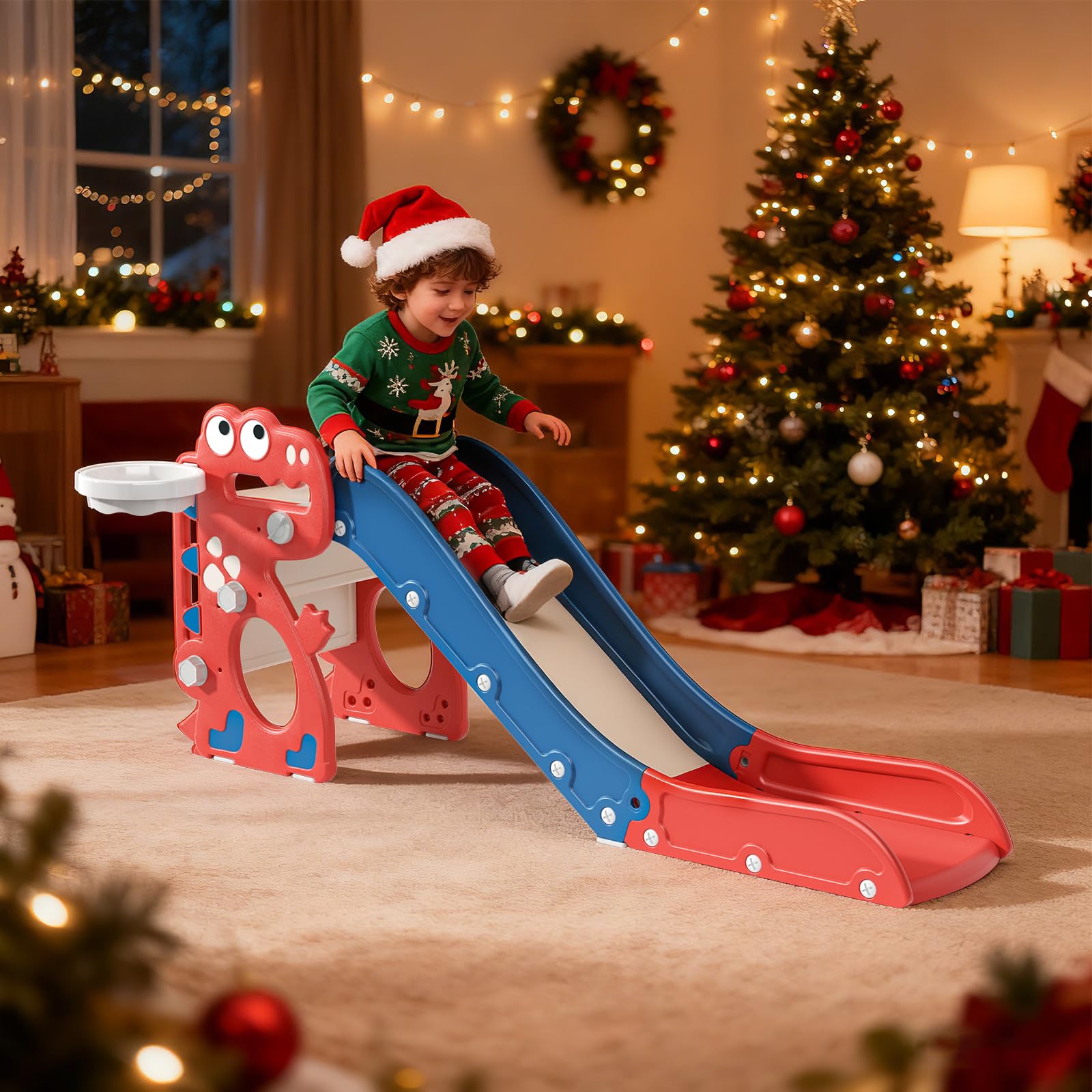 Krovtoy Scivolo per bambini, scivolo singolo con dinosauro con telaio a sfera, anello, attrezzatura per parco giochi con scivolo per bambini da 1 a 3 anni (dinosauro-rosso e blu)