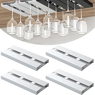 SAMSYOKI 4 Piezas Soporte para Copas de Vino Colgante, Estante Copas Vino Debajo Gabinete, Colgador Copas Sin Taladrar, Estante Colgar Copas Autoadhesivo para Hogar Bar Cocina Restaurante (Blanco)