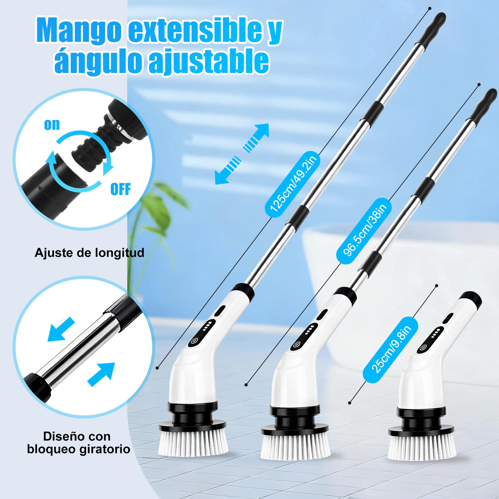 PATEMZON Cepillo Electrico Limpieza Hogar, Cepillo Limpieza Electrico-IPX7 con 9 Cabezales Reemplazables, Dos Velocidades Regulables y Mango Telescópico, para Baño, Cocina, Coche, Azulejos