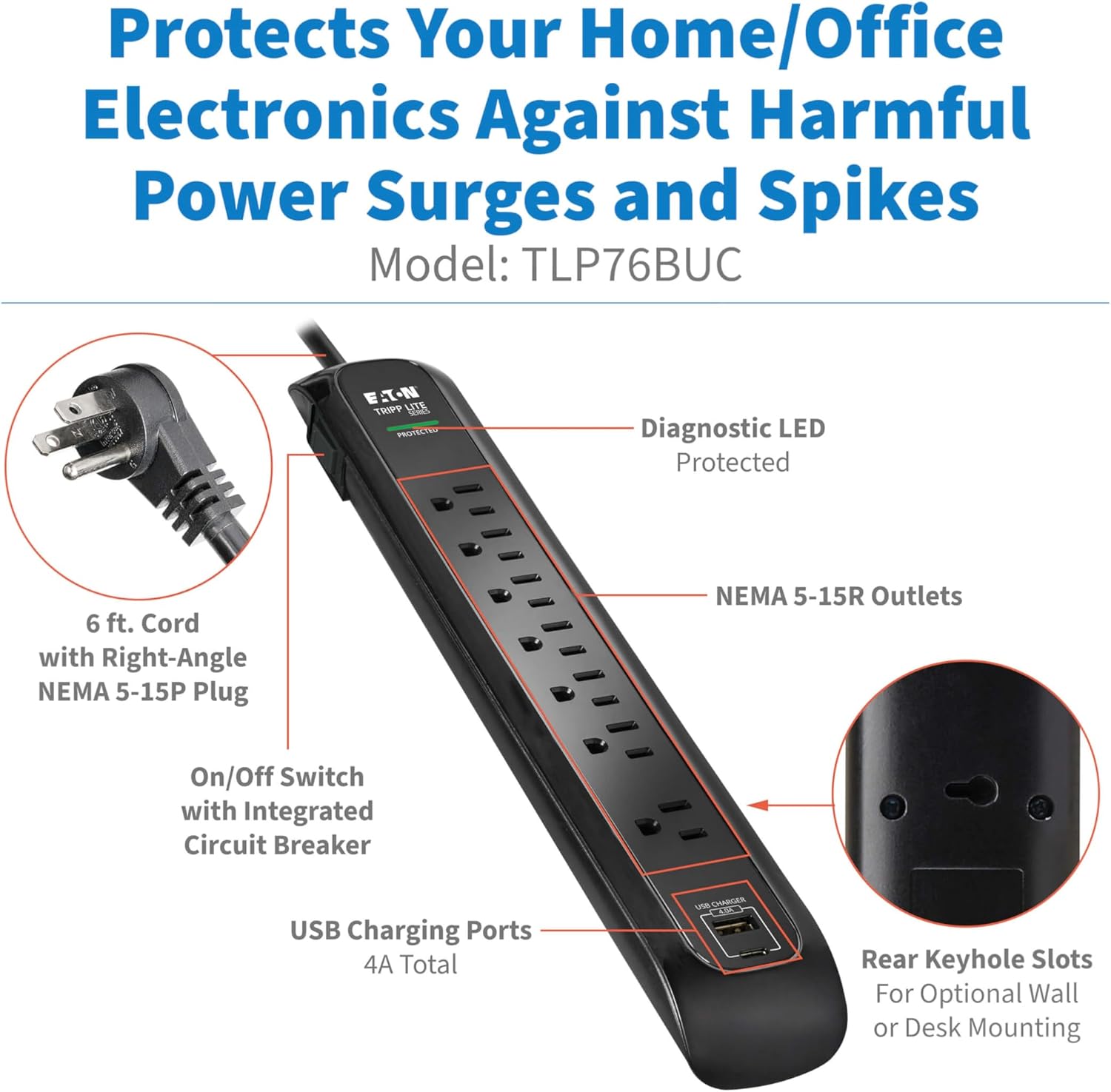 Eaton Tripp Lite Series TLP76BUC Surge Protector Power Strip with Flat Plug & USB Ports, 7 Outlets, 1500 Joules, 6ft Power Cable, Black, Manufacturer's Liftime Warranty & $25,000 Insurance
