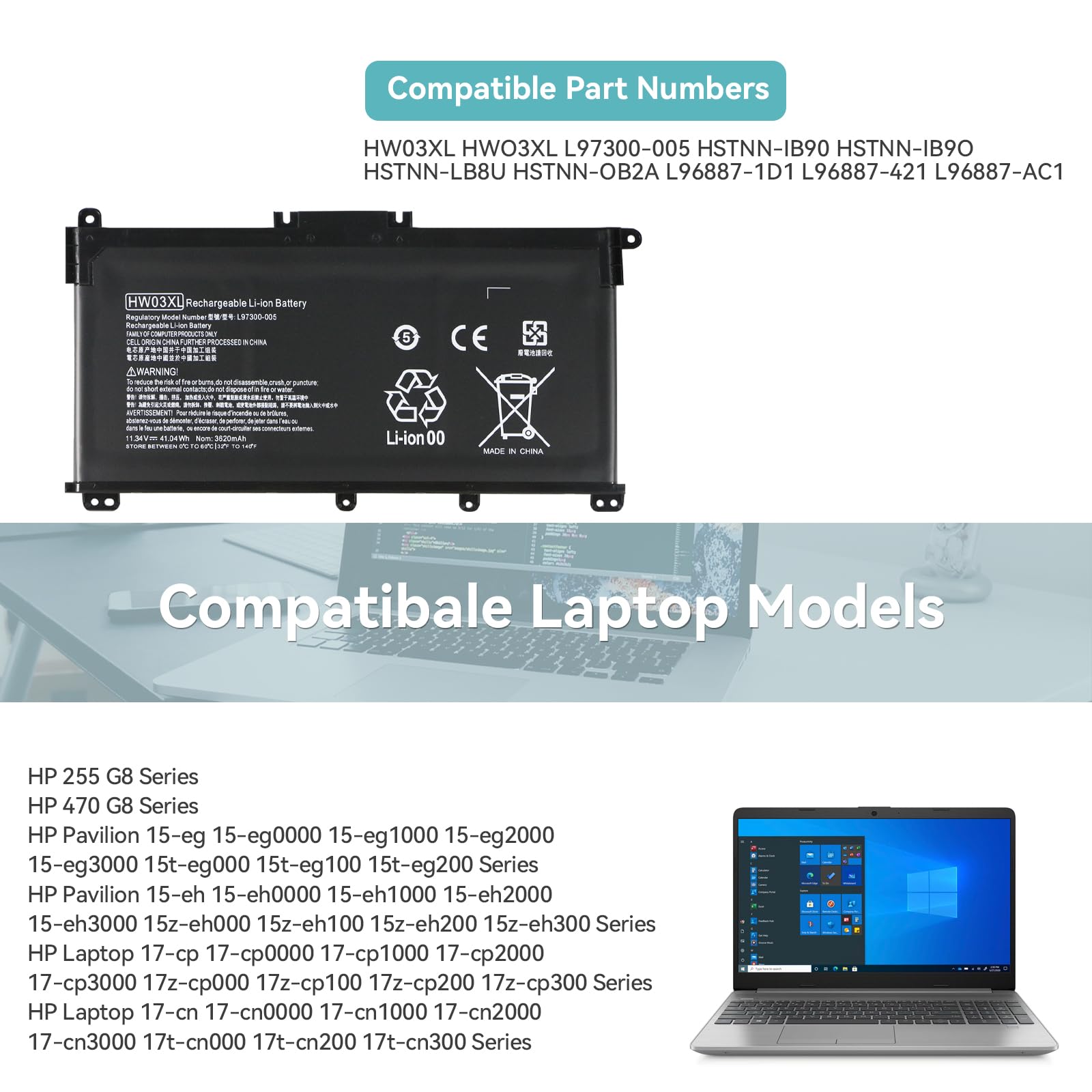 HW03XL Bateria do HP Pavilion 15-EG 15-EH 17-CN 17-CP 15t-eg100 15z-eh100 17z-cp100 15-eg0010ns eg0011nl eg0011ns eg0011nw eg0012nl eg0012ns eg0012nw eg0013nl eg0013ns eg0014nl eg0014ns eg0040na