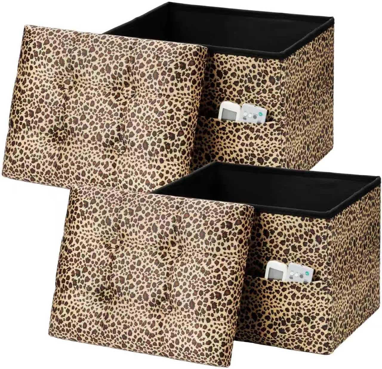 AmasSmile Storage Ottoman Folding Foot Rest Stool with Side Pocket, 17 inch Velvet Footstool Bench, Short Ottoman Bench, Storage Foot Rest Store, Blanket Chest, Leopard Print 2 Pack