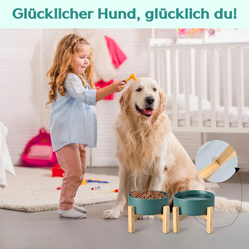 SPUNKYJUNKY Kerámia Emelt Tál Bambusz Állvánnyal Macskáknak és Kutyáknak 850ml Zöld
