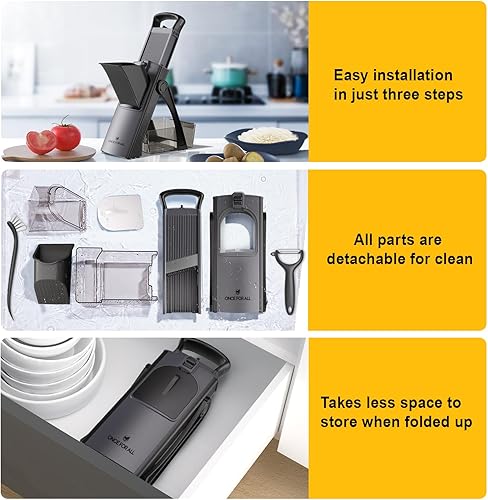 Vista 8 de ONCE FOR ALL - Mandolina segura para cocina, tamaño más grande, picadora de verduras ajustable, cortador de alimentos para hacer patatas fritas
