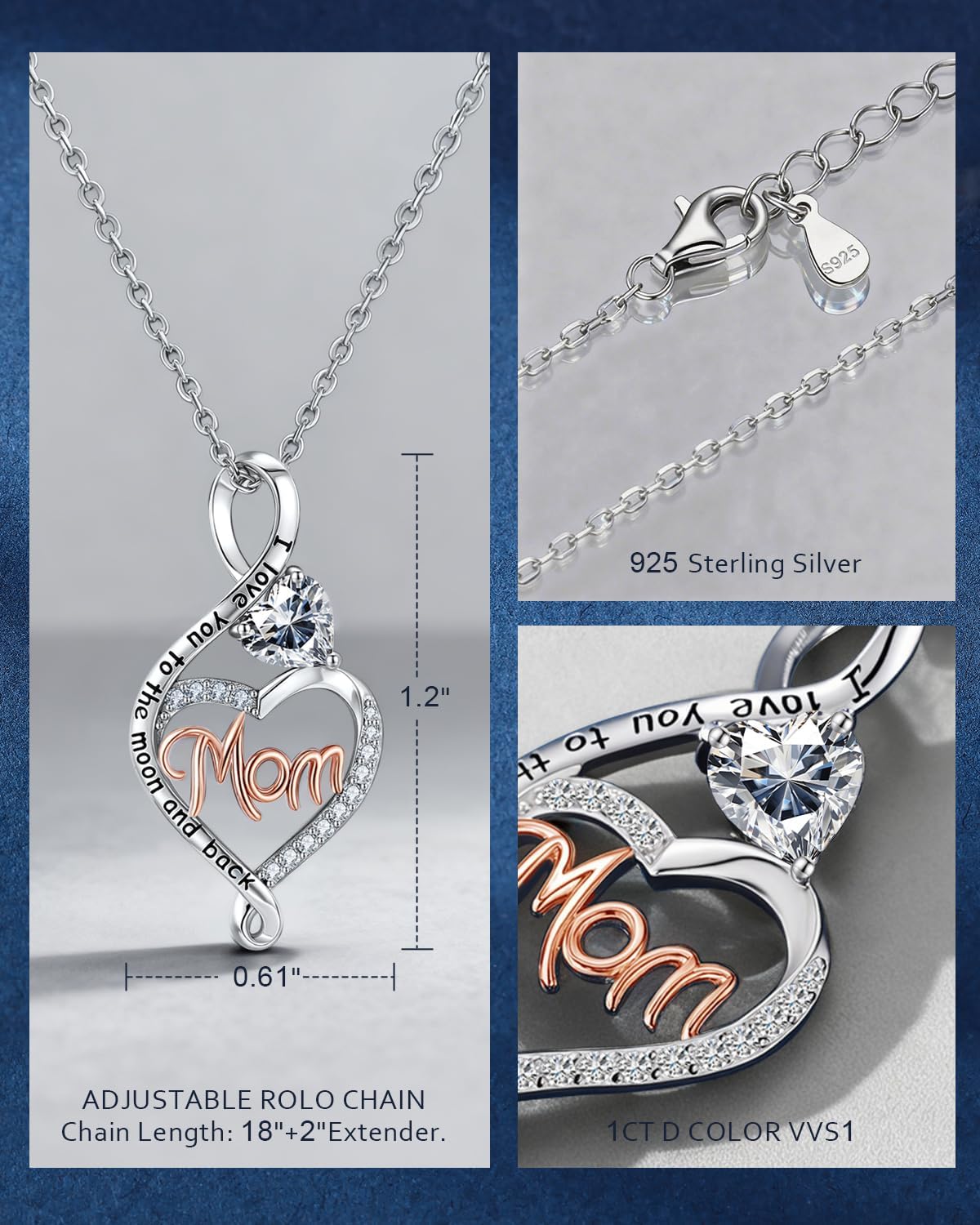 EleShow 1CT Moissanite Necklace for Mom, D Color VVS1 Round Cut Sterling Silver Heart Moissanite Necklace, Jewelry Gifts for Mom on Valentine's Day, Birthday, Mother's Day - Image 5