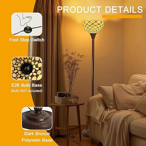 Capulina Capulina Tiffany Lamp Stained Glass Torchiere Floor Lamp 70 Inches Height Industrial Pole Vintage Amber Beads Tiffany Style Standing Floor Lamp for Home Office Living Room Bedroom Farmhouse photo 2
