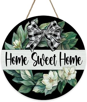 Home Sweet Home Magnolia Flower Front Door Sign, Farmhouse Floral | Leaves Botanical Wood Plaque Hanger Outdoor Porch Home Decor, Spring Summer Plaid Bow Wooden Wreath Wall Hanging Decoration