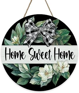 Home Sweet Home Magnolia Flower Front Door Sign, Farmhouse Floral Leaves Botanical Wood Plaque Hanger Outdoor Porch Home Decor, Spring Summer Plaid Bow Wooden Wreath Wall Hanging Decoration