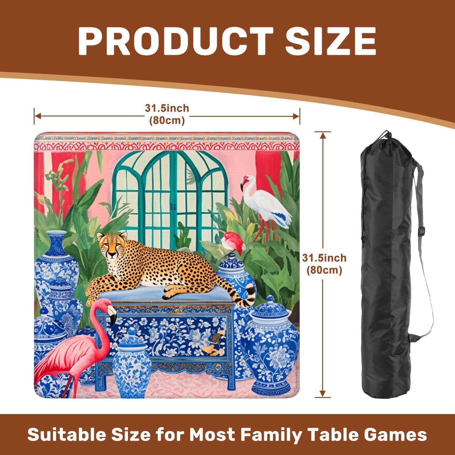 31.5" x 31.5" Mahjong Mat for Table with Carrying Bag Leopard Botanical Garden Blue Porcelain Vases Tropical Non-Slip Noise-Reducing Game Mat Mahjong Accessories for Poker Dominoes Board Games