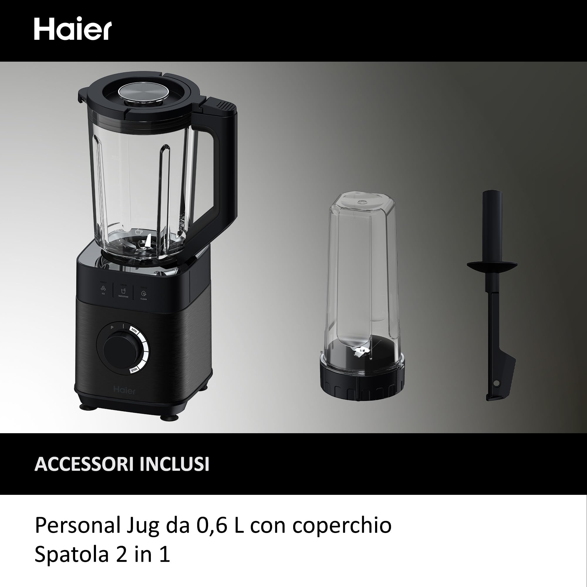Haier Frullatore I-Master Serie 5, Funzione Ice Crush, Smoothie, 5 velocità variabili, pulizia automatica, caraffa in vetro da 1,7 L, Personal Jug 0,6 1200 W [Nero]
