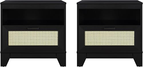 Manhattan Comfort Sheridan Cane Mesita de noche moderna de mediados de siglo con 1 cajón de extensión completa y espacio abierto en el cubículo,