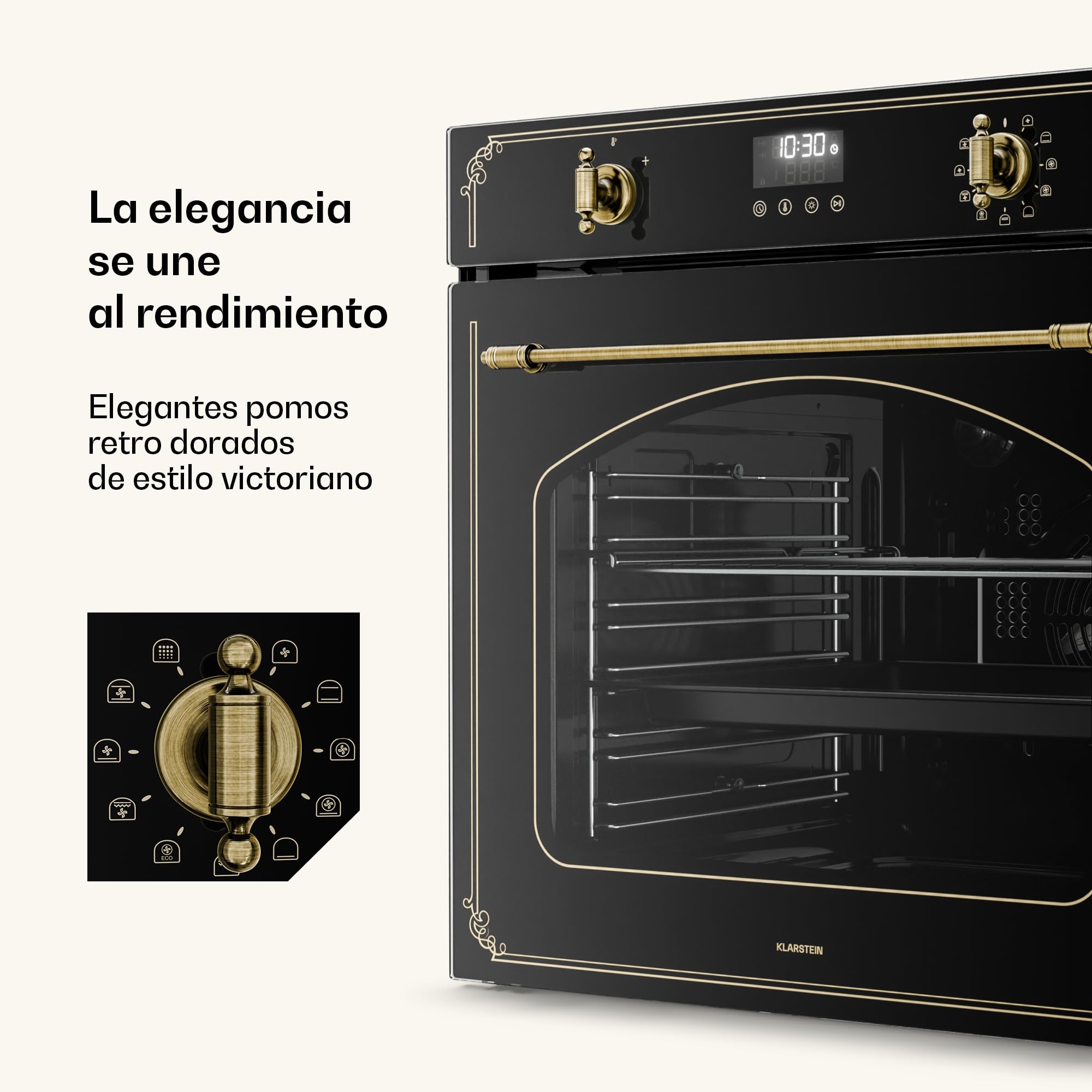Klarstein Victoria Pyro Horno Eléctrico Empotrable 76L - 11 Funciones, Pirólisis, Clase A, Diseño Retro Negro, Mandos Giratorios, Horno Multifunción Integrable 60 cm, Negro