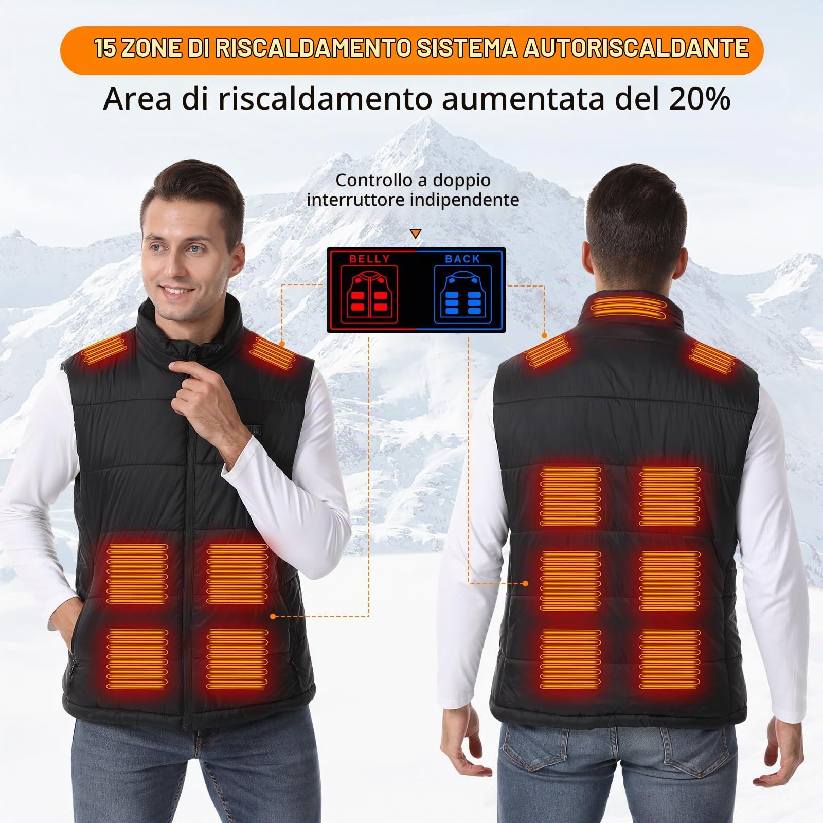 Gilet Riscaldato Uomo, 15 Zone Riscaldanti Giubbotto Riscaldato con Powerbank, Giubbotto Riscaldabile con Caricatore Portatile 12000mAh ＆ 3 Livelli di Temperatura, per Sci e Campeggio