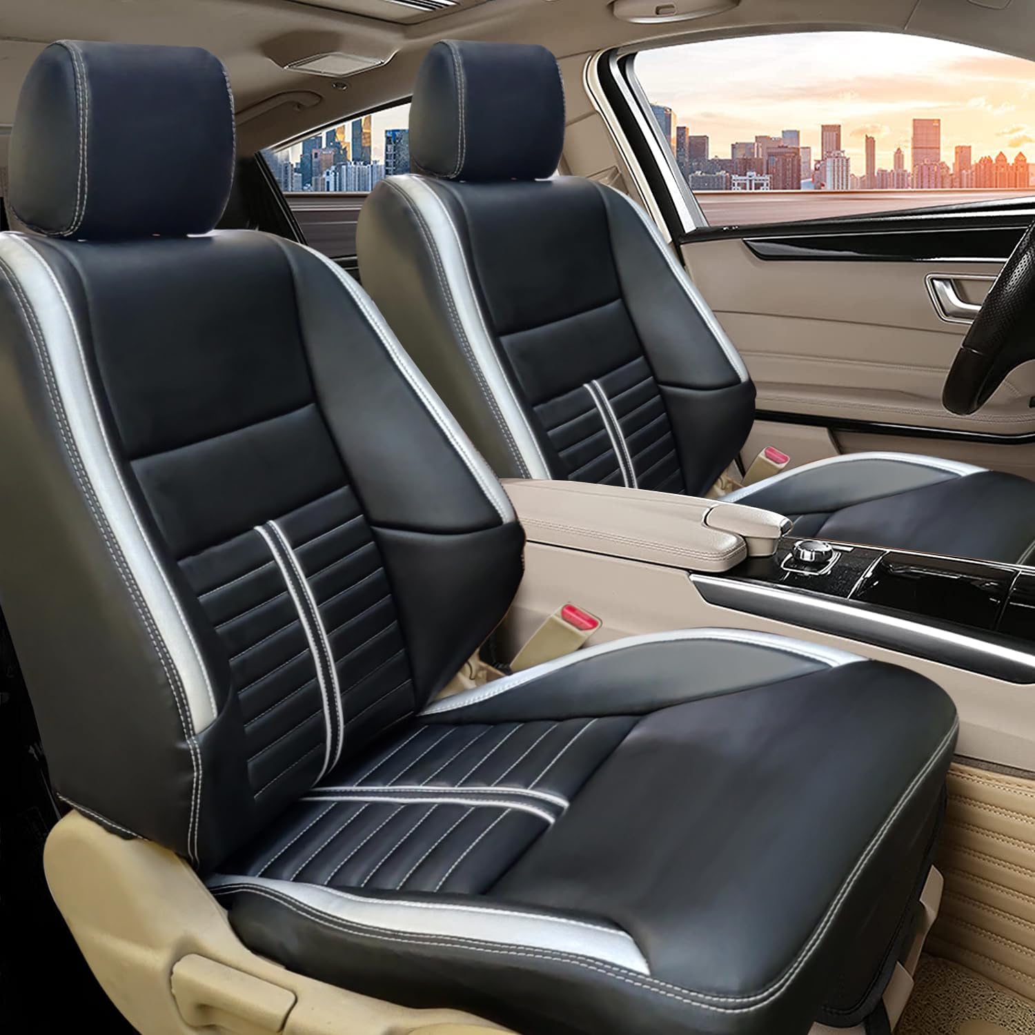 Car PU Leather Luxury seat Cover Front & Rear Accessories for Fronx (Black & Silver, 1009)