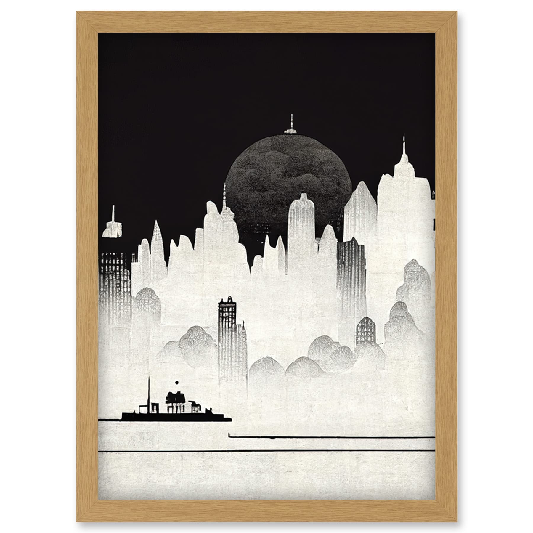 Doppelganger33 LTD Futuristic Cityscape Ukiyo-e Flat Illustration Artwork Framed Wall Art Print A4