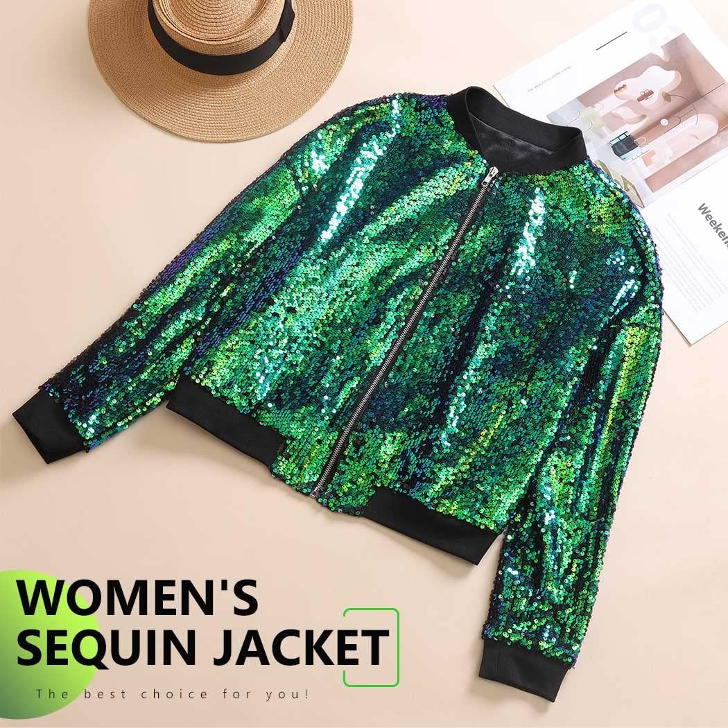 JAKAWIN Women’s New Years Eve Sequin Bomber Jacket Coat Long Sleeve Disco Concert Rave Festival Christmas Jackets - Image 2