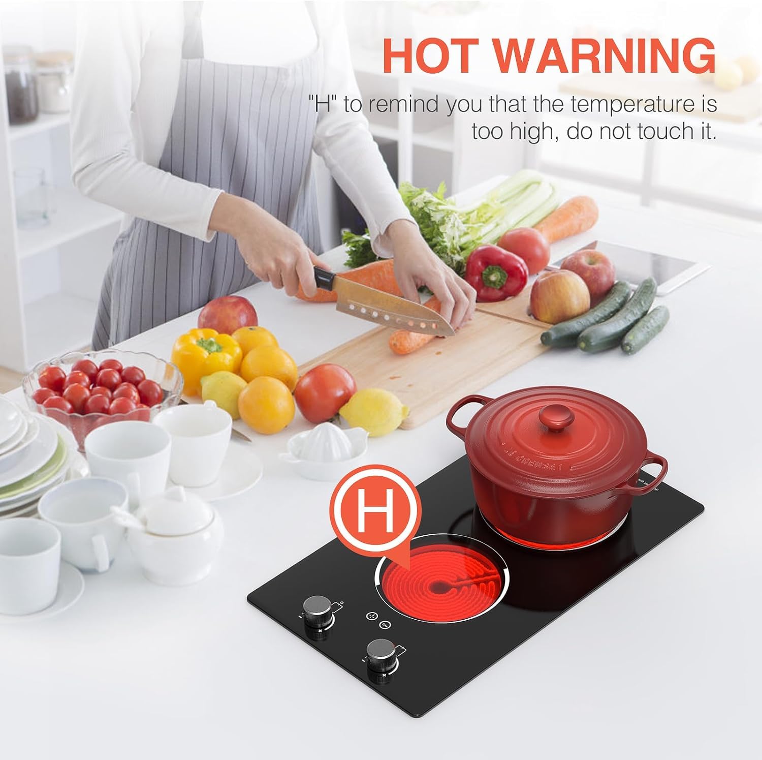 Plaque Vitrocéramique 2 Feux 3000W, Plaque de Cuisson Électrique Encastrable et Pose Libre 51cm, Compatible Tous Ustensiles, Réchaud avec Sécurité Enfant pour Appartement