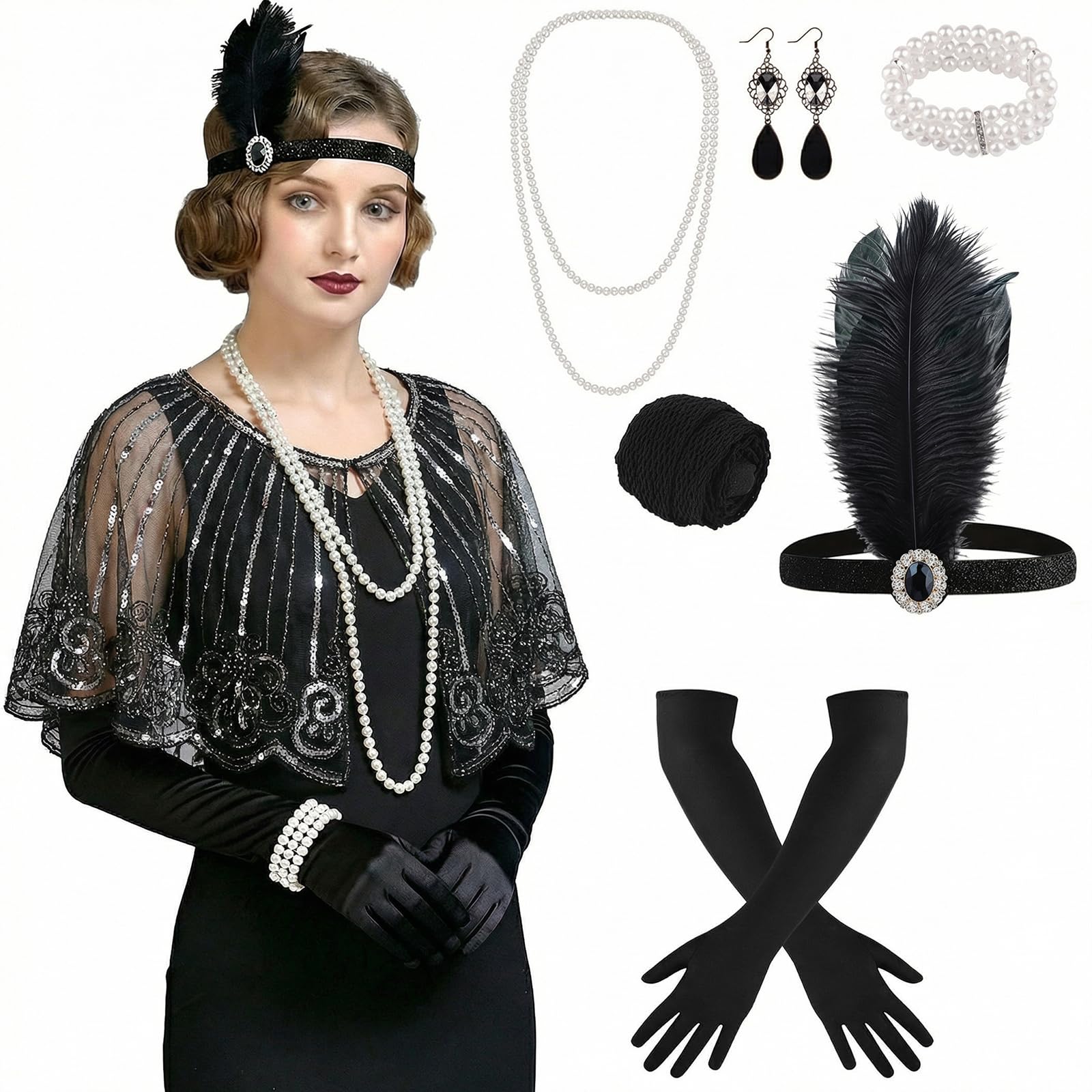 ELECLAND 10 Pieces 1920s Flapper Gatsby Accessories Set Fashion Roaring 20's Theme Set with Headband Headpiece for Women (Black Sliver, Style 2) — image 1