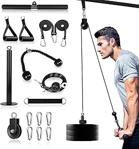 Pulley System for Exercise, 3 in 1 Pulley Cable System with LAT Pulldown Bar/ Tricep Rope/ 2M Gym Cable, Pro Weight Pulley System for Shoulder/Gym, Home Pulley Gym, Fitness Pulley Machine Attachments