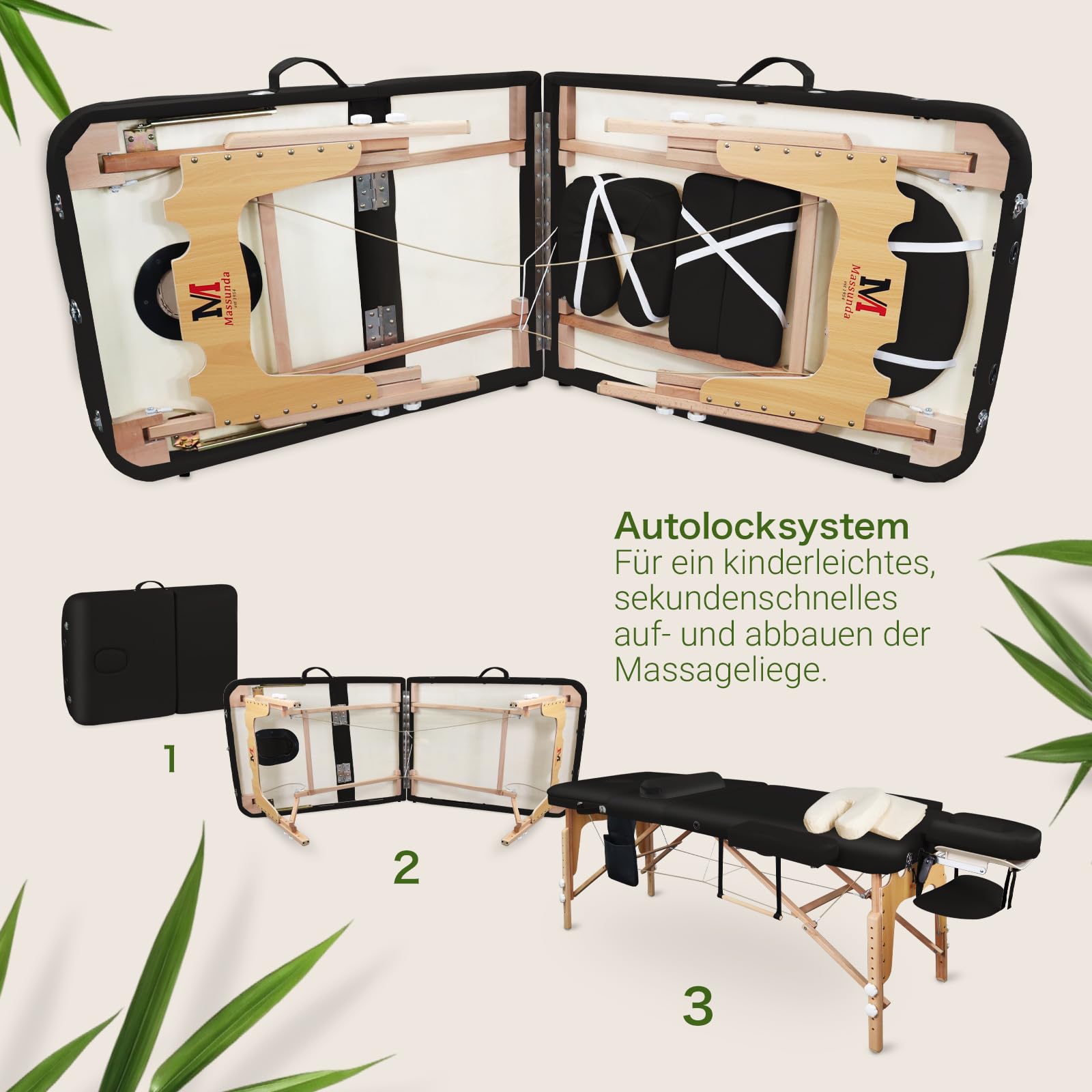 MASSUNDA – Mobile 3 Zonen Massageliege klappbar & höhenverstellbar – Stabiler Massagetisch aus Vollholz – All-Inkl. Massagebank mit ergonomischer Kopfstütze, Bezug, Armlehne, Kissen (Schwarz)