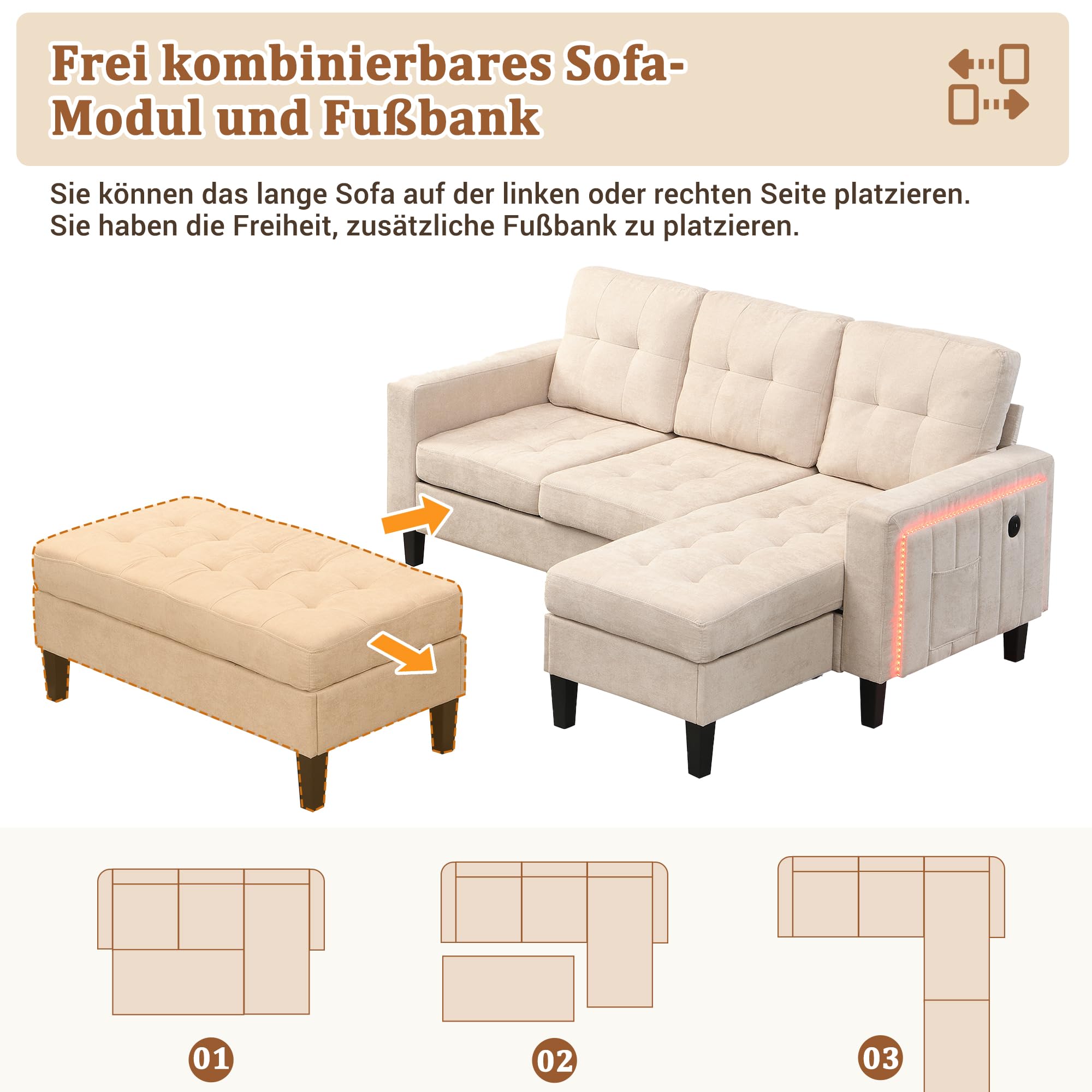 Canapé Modulable L 3 Places avec Ottoman XXL, LED et USB - Convertible en Lit Double, Tissu Chenille - pour Salon ou Appartement