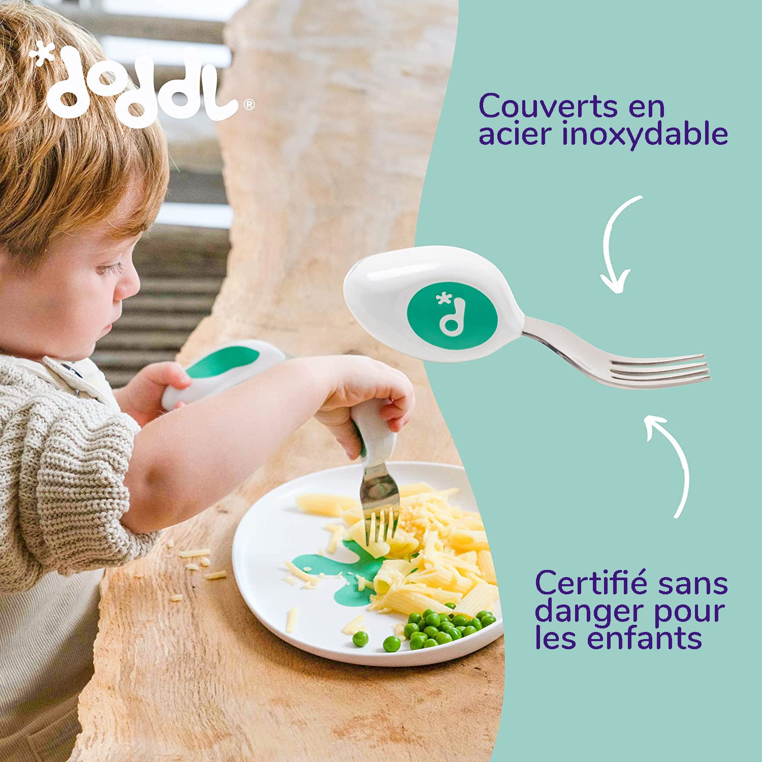 Ensemble 2 pièces cuillère fourchette doddl - Couverts pour tout-petit, ustensiles sevrage 1 an+ Aqua