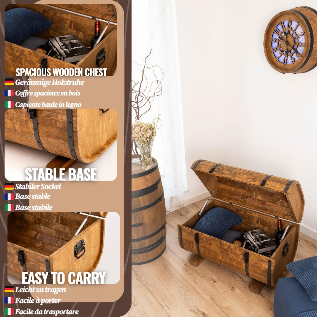 CREATIVE COOPER Holztruhe 180L – Rustikale Aufbewahrungskiste aus geöltem Erlenholz – Fass-Design – Für Innen & Außen – 80x50x50 cm