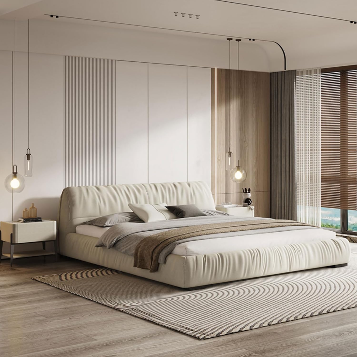 Modern Leather Queen Size Platform Bed Ergonomic Upholstered Headboard with Heavy Duty Wooden Slat Support Noise-Free Beige