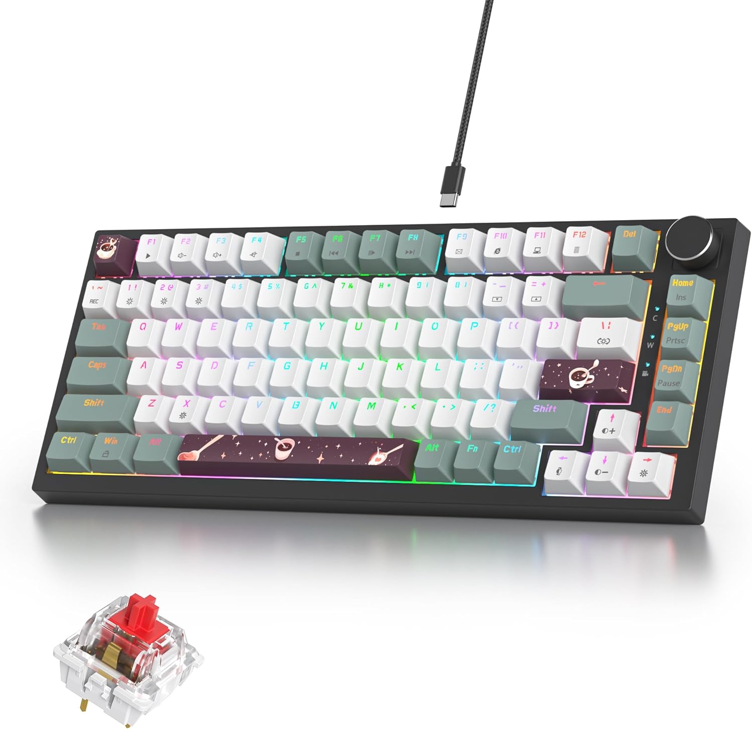 75% Green Mechanical Gaming Keyboard, Hot Swappable RGB Custom Keyboard with Knob, Gasket Mount Wired TKL Red Switch Keyboard 75 Percent, Creamy Mechanical Keyboard (82 Green White)