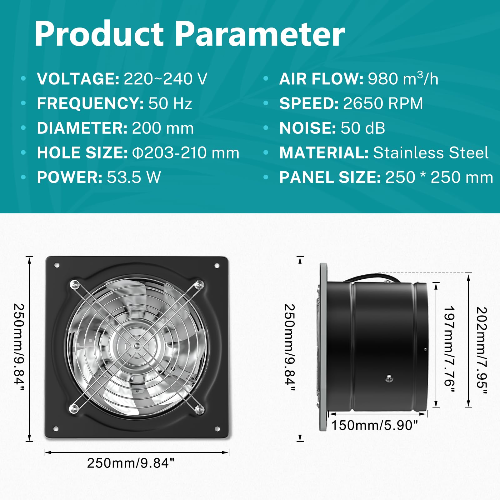 HG Power Abluftventilator 200 mm, Badlüfter 980 m³/h mit Rücklaufklappe Leistungsstarke Metall Wandventilator mit EU-Stecker für Küche Badezimmer Werkstatt Garage Untergeschoss, Schwarz