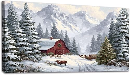 20"x 40" Canvas Wall Art Christmas Tree Red Barn Cow drawn Sleigh Rustic Vintage Framed Pictures Painting Prints Large Wall Art for Living Room