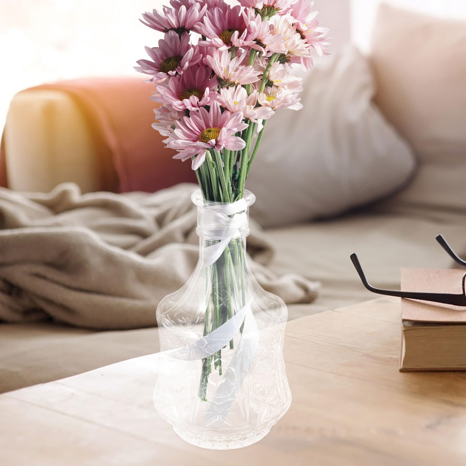 3 Pezzi Vaso da Tavolo in Vetro Rilievo, Rotondo per Fiori