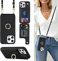Vista 19 de Funda para iPhone 15 Pro Max con tarjetero para mujer, iPhone 15 Pro Max con correa, cordón cruzado, bloqueo RFID, soporte de anillo, cierre a
